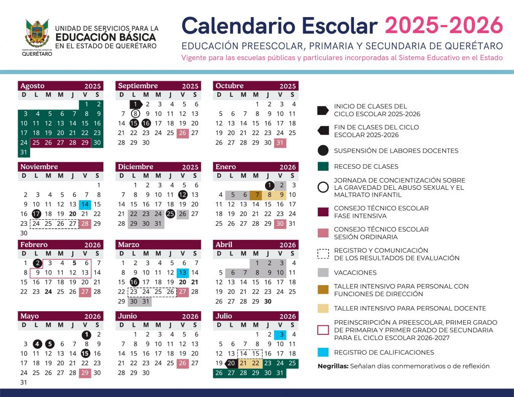 El inicio del ciclo escolar 2025-2026 será el lunes 1 de septiembre y concluirá el lunes 20 de julio de 2026.