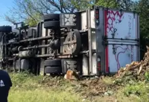 Camión de carga vuelca en Tequisquiapan; reportan dos personas heridas